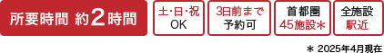 所要時間 約2時間【日・祝OK】【3日前まで予約可】【首都圏45施設】【全施設駅近】