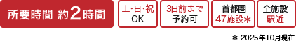 所要時間 約2時間【日・祝OK】【3日前まで予約可】【首都圏47施設】【全施設駅近】